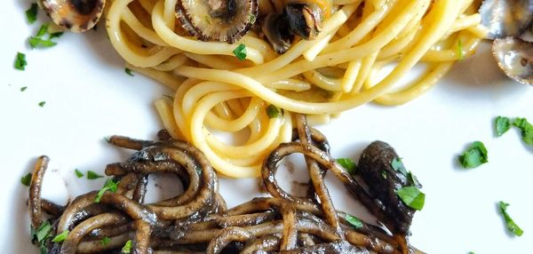 High angle view of pasta in plate