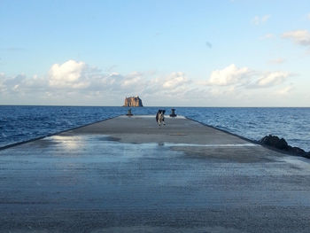 Dog running on walkway amidst sea against sky