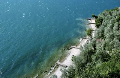 High angle view of sea against clear sky