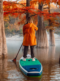 Rear view of man standing in lake