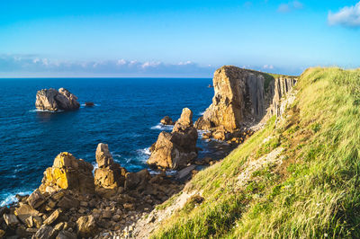 Scenic view of rock formation in sea against sky