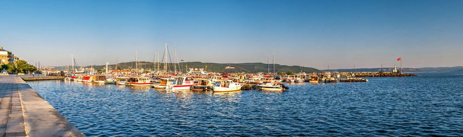 Sailboats moored in harbor against sky