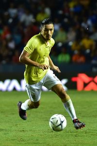 Man playing soccer ball on grass