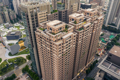 High angle view of modern buildings in city