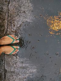 Low section of woman standing on wet shore