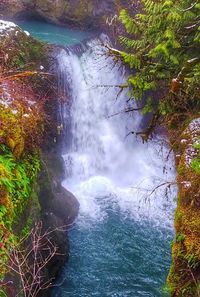 Scenic view of waterfall in forest against sky