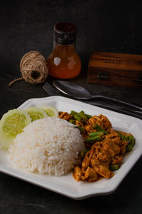 High angle view of meal served on table