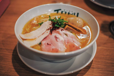 High angle view of soup in bowl on table