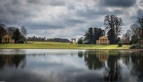 Scenic view of calm lake against cloudy sky