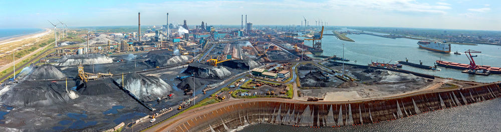 Aerial panorama from industry in ijmuiden in the netherlands