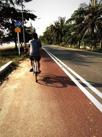 Rear view of man riding bicycle on road