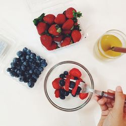 High angle view of person having breakfast on table