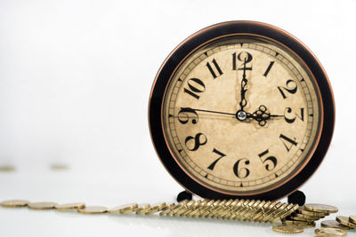 Close-up of clock on white background