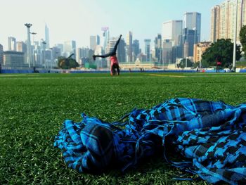 City skyline with skyscrapers in background