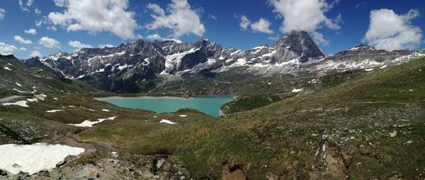 Panoramic view of snowcapped mountains against sky