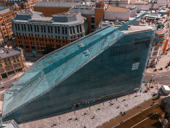 High angle view of boats in city