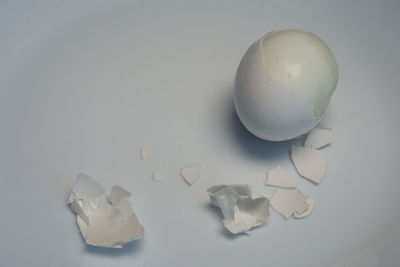 Close-up of broken glass over white background