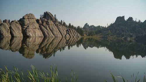 Panoramic view of lake and mountains against clear sky
