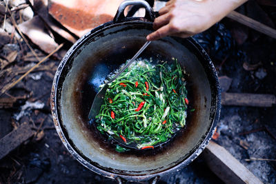 High angle view of person preparing food