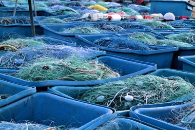 High angle view of fishing nets in water