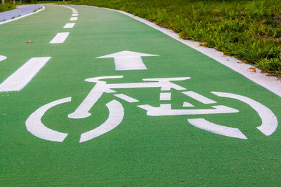 High angle view of bicycle lane on road