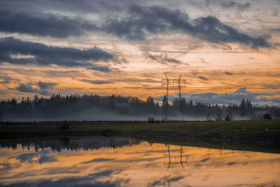 Sunset sky reflections on water lake