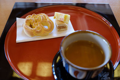 High angle view of breakfast on table