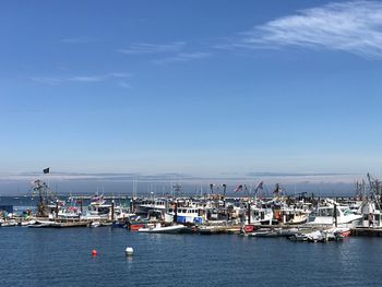 Boats in sea against blue sky