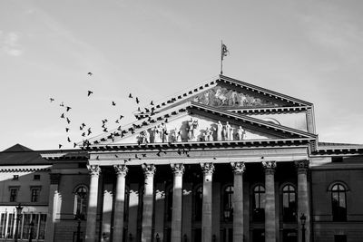 Birds flying over historic building against sky