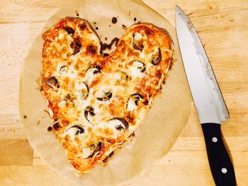 High angle view of pizza on table