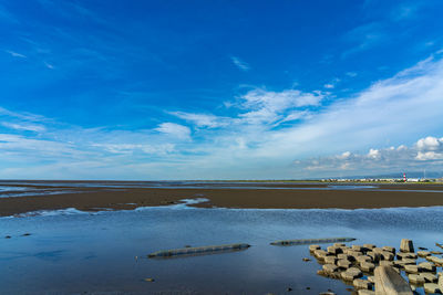 Scenic view of sea against blue sky