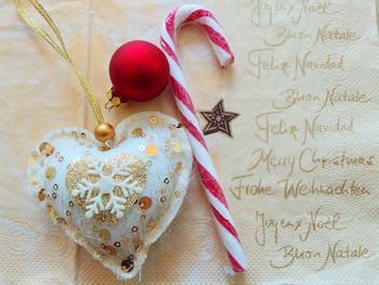 Close-up of christmas ornaments on table