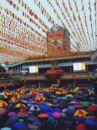 Multi colored flowers hanging outside temple