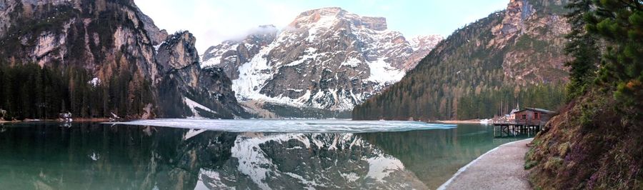 Panoramic view of lake and mountains against sky