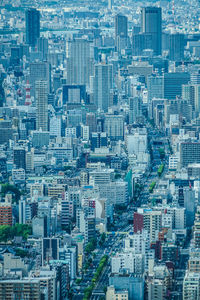 High angle view of modern buildings in city