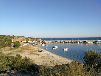 Scenic view of sea against clear blue sky