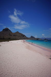 Scenic view of beach against blue sky