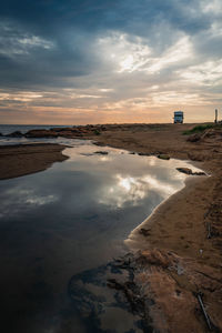 Scenic view of beach against sky during sunset