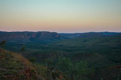 Scenic view of mountains against clear sky during sunset