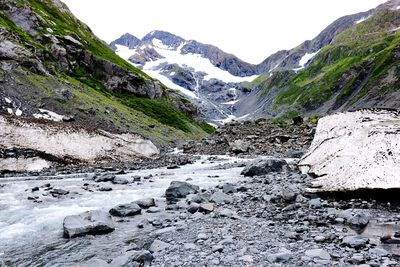 Scenic view of stream amidst snowcapped mountains against sky