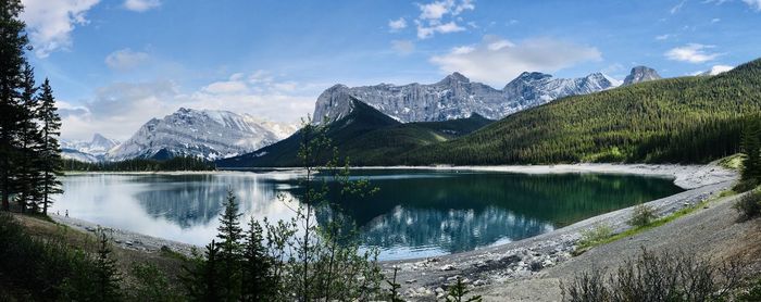 Scenic view of lake and mountains against sky