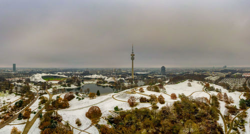 Aerial view of city buildings during winter