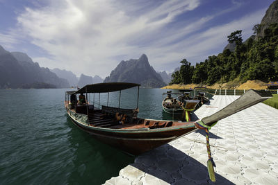 Tourist boat view with nature  mountain island scenic landscape khao sok national park in thailand