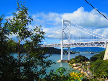 View of suspension bridge against cloudy sky