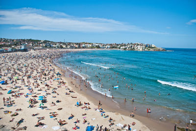 High angle view of crowd on beach