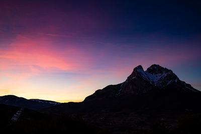 Scenic view of mountains against sky during sunset