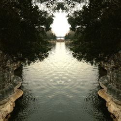 Wet lake by trees against sky