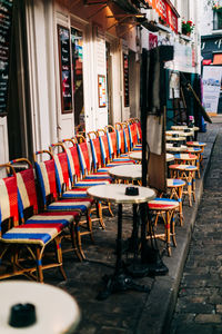 Empty chairs and tables in restaurant