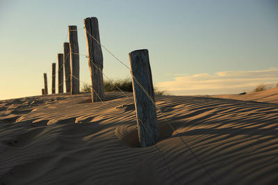 Wooden posts in desert against clear sky