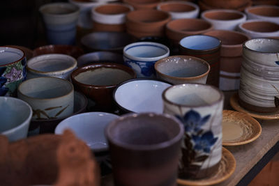 High angle view of objects on table
